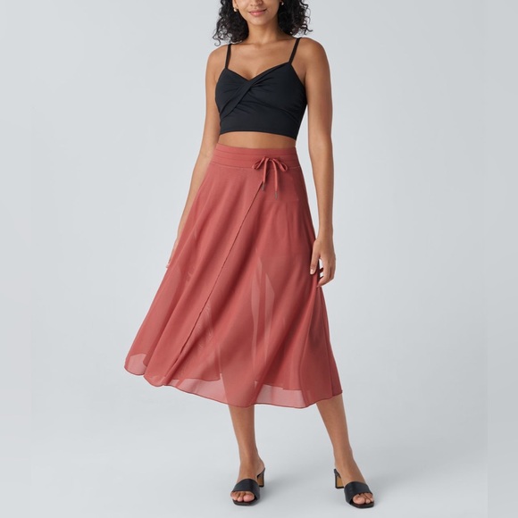 High Waisted Drawstring Contrast Mesh 2-in-1 Side Pocket Flowy Midi Flare Skirt - Picture 1 of 7